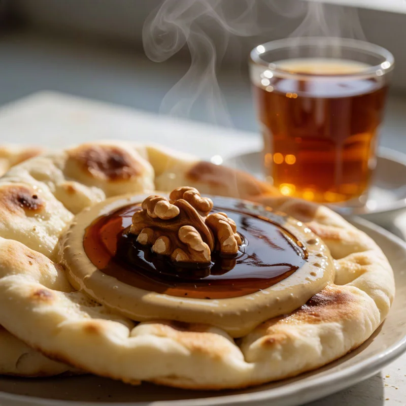 لقمه سنتی نان سنگک با ارده و شیره و مغز گردو برای صبحانه سالم